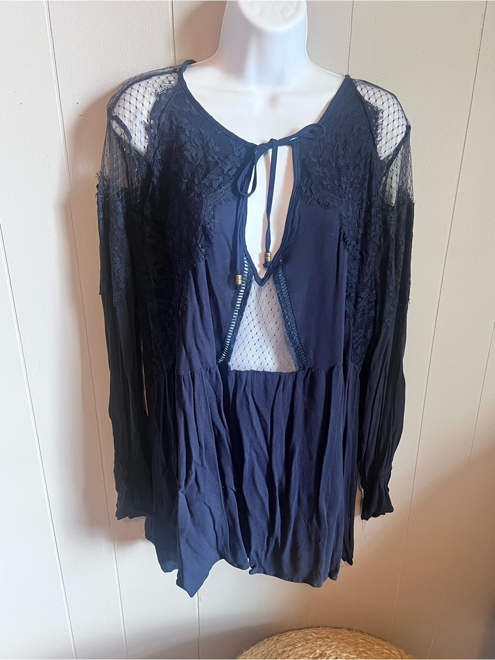 Lace-Inset Navy Peasant Blouse - Women Tops